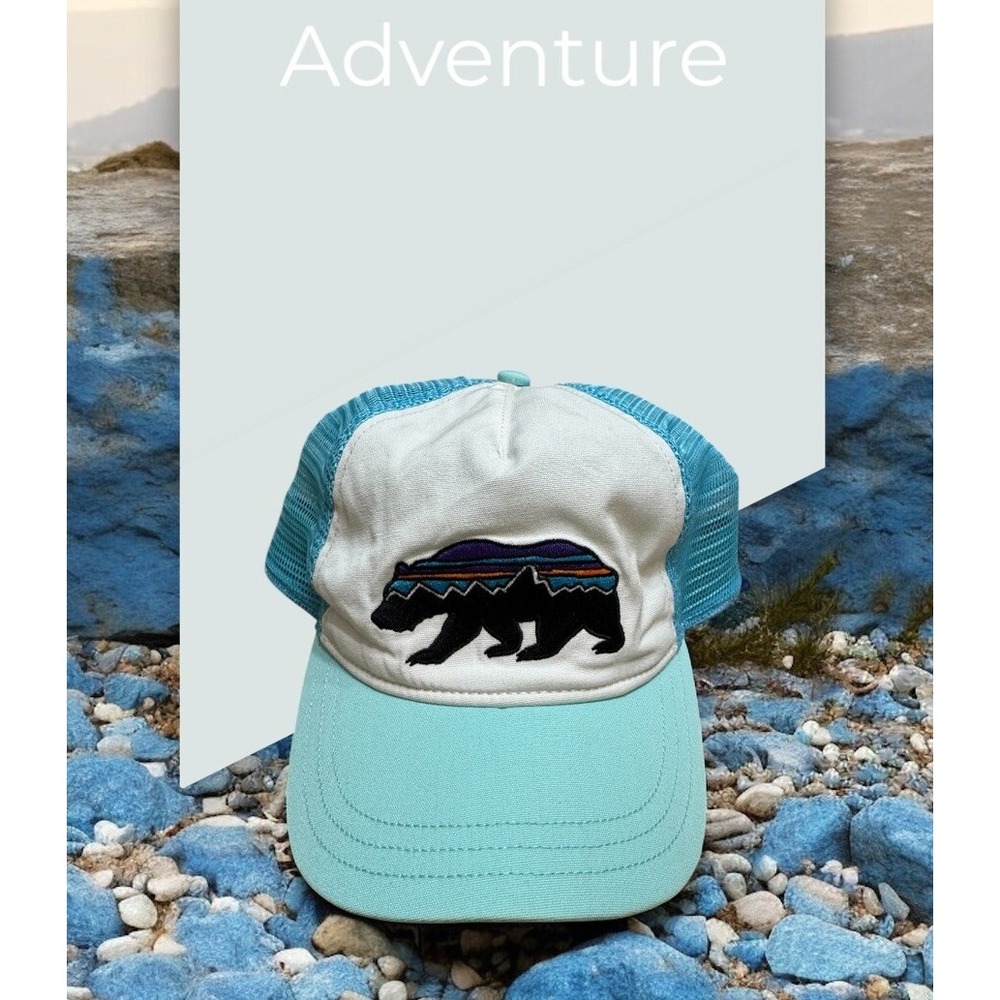 Patagonia Fitz Roy Bear Sky Blue White Snapback Adult‎ Mesh Trucker Hat Cap